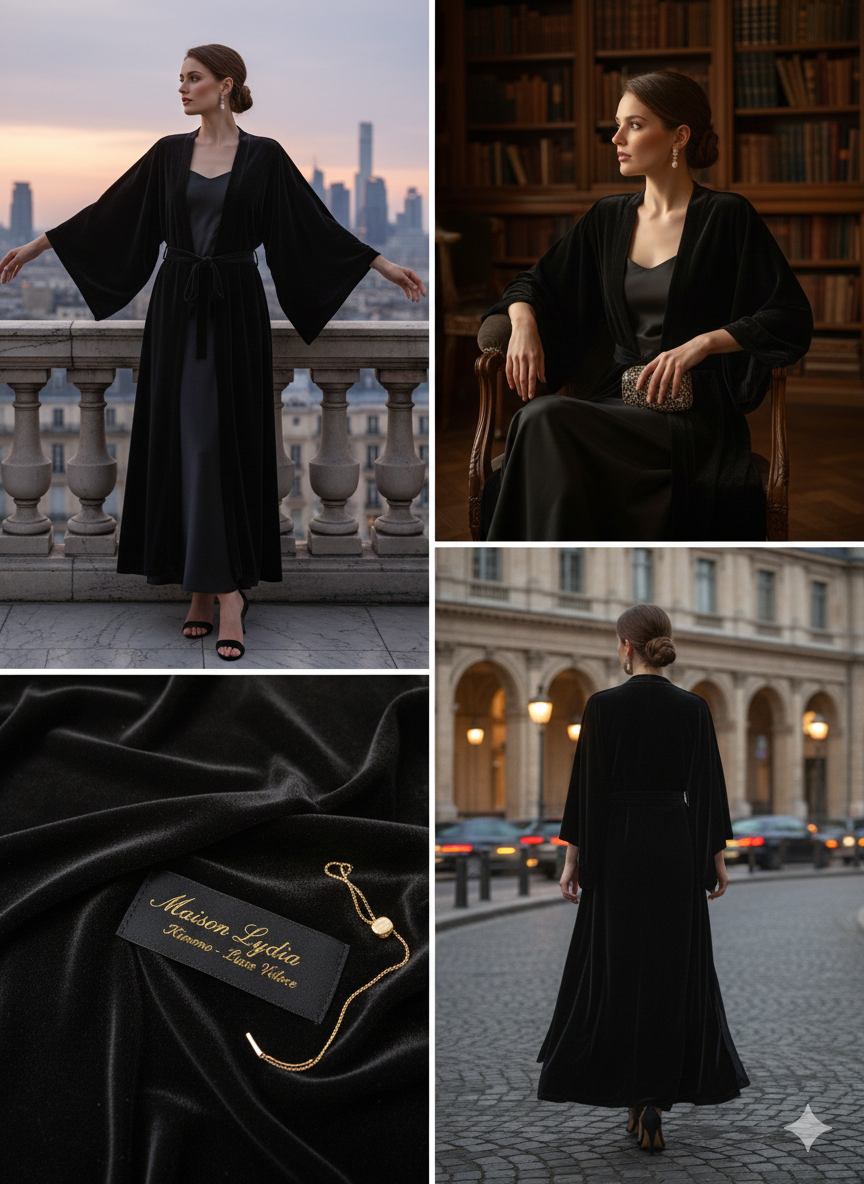 Kimono MINUIT IMPÉRIAL Long en Velours & Satin De soie