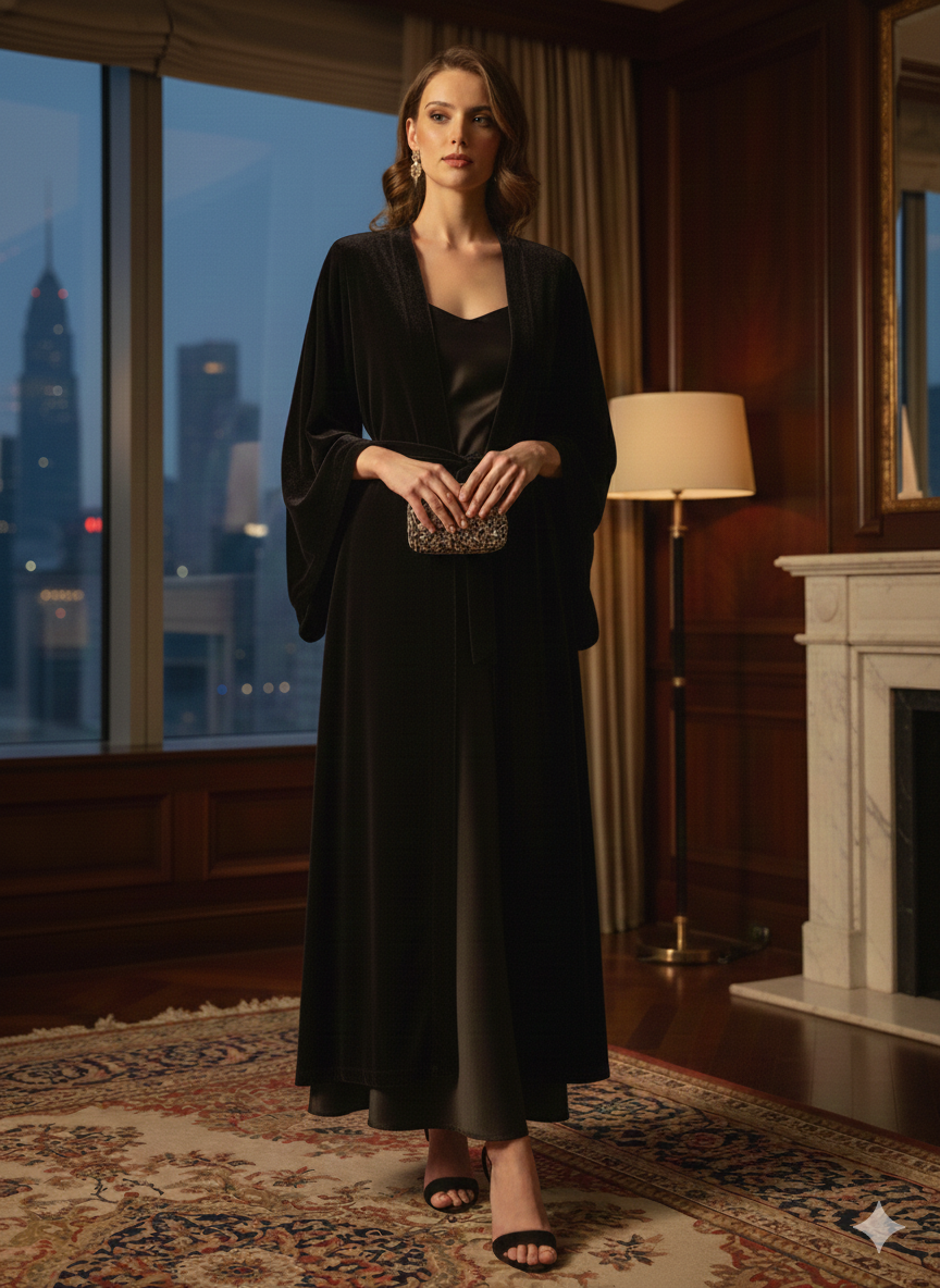 Kimono MINUIT IMPÉRIAL         Long en Velours & Satin De soie